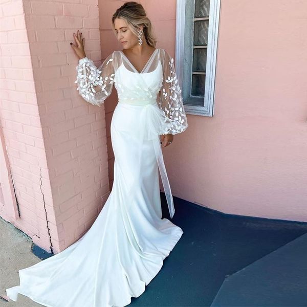 two pieces mermaid wedding dresses with jacket full sleeve leaf appliques wedding gowns vestidos de novia satin bridal dress, White
two pieces mermaid wedding dresses with jacket full sleeve leaf appliques wedding gowns vestidos de novia satin bridal dress, White