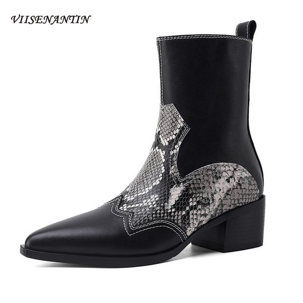 european american female pointed toe british style short tube women's boots leather thick heel snake print western cowboy boots, Black
european american female pointed toe british style short tube women's boots leather thick heel snake print western cowboy boots, Black