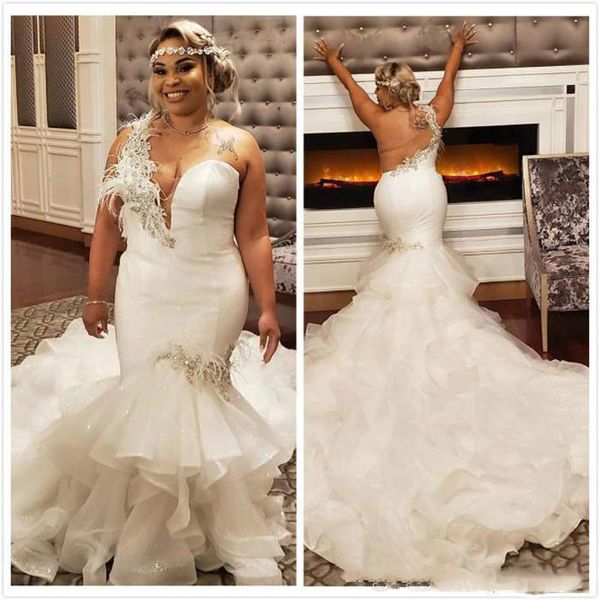 feather one shoulder plus size wedding dress sparkly crystals beads mermaid ruffles long trail bridal gowns customize, White
feather one shoulder plus size wedding dress sparkly crystals beads mermaid ruffles long trail bridal gowns customize, White