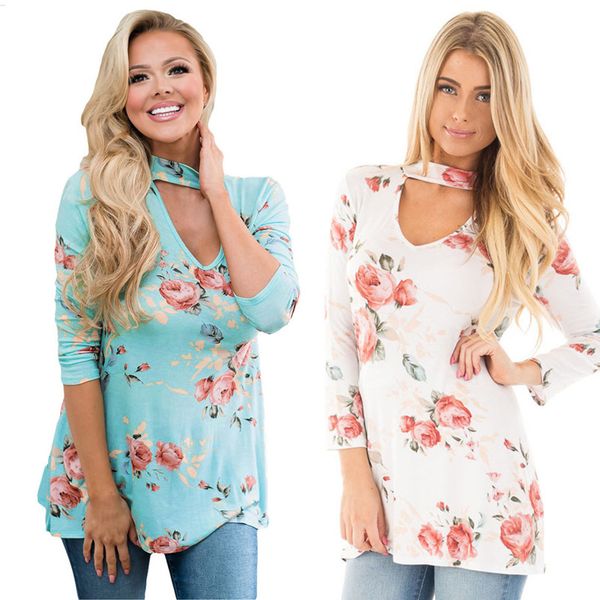 women new autumn flower tshirts v-neck halter long sleeved floral casual tees clothing for spring, White
women new autumn flower tshirts v-neck halter long sleeved floral casual tees clothing for spring, White