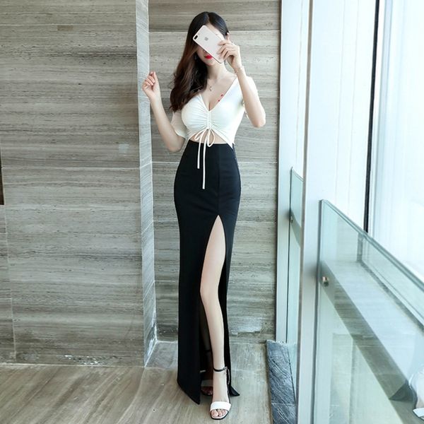 

zrwtn nightclub women's low chest slit fall to nightclub ground formal long the long skirt women's deep v temperament dress party, Black;gray