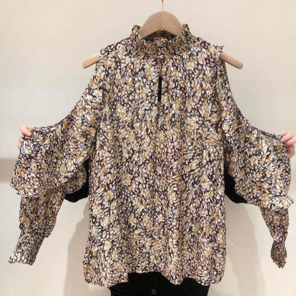 stand collar women's sweet ruffled blouse long sleeve off-shoulder vintage printing female shirts, White
stand collar women's sweet ruffled blouse long sleeve off-shoulder vintage printing female shirts, White