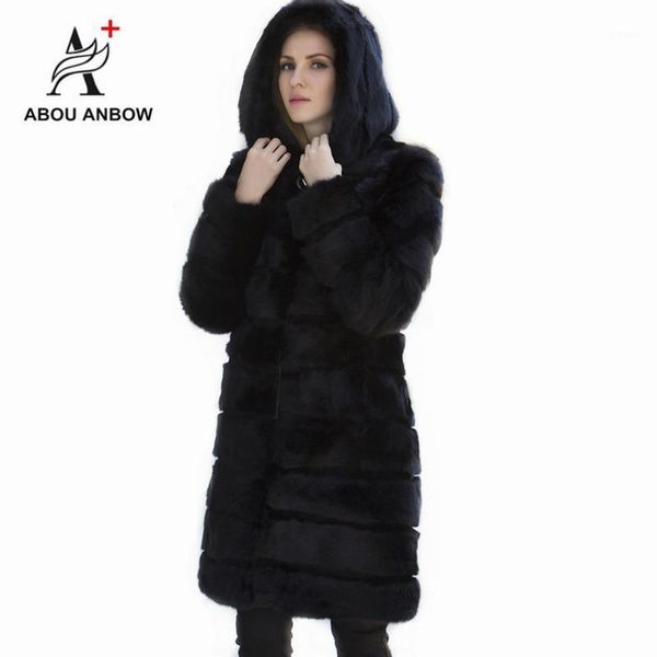 2019 real fur coat female classic natural fur outerwear women slim long coat plus size overcoat with hooded1, Black