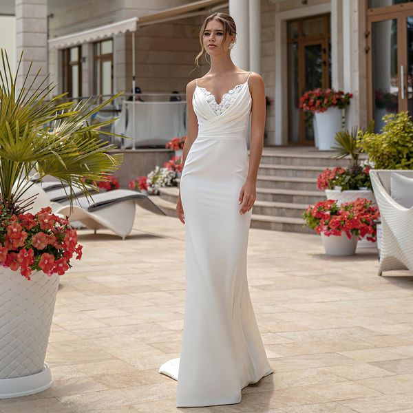 2021 new satin mermaid wedding simple spaghetti straps sweetheart beading applique pleats long train backless bridal gown ea67, White
2021 new satin mermaid wedding simple spaghetti straps sweetheart beading applique pleats long train backless bridal gown ea67, White