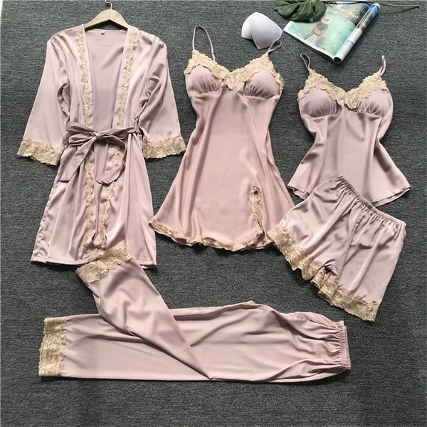 qweek 5 pieces woman pajama sets silk lingerie nightwear lounge wear night suits ladies sleepwear lace pijamas with chest pad y200708, Black;red
qweek 5 pieces woman pajama sets silk lingerie nightwear lounge wear night suits ladies sleepwear lace pijamas with chest pad y200708, Black;red