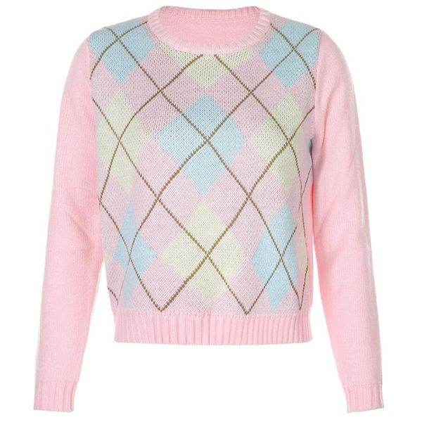 women long sleeve pink sweater crew neck argyle plaid knitted loose jumper c6ud, White;black
women long sleeve pink sweater crew neck argyle plaid knitted loose jumper c6ud, White;black