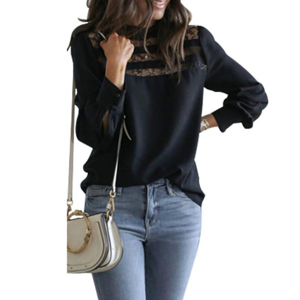 women's blouses & shirts hirigin women elegant black lace mesh stitching blouse half high neck long sleeve, White
women's blouses & shirts hirigin women elegant black lace mesh stitching blouse half high neck long sleeve, White