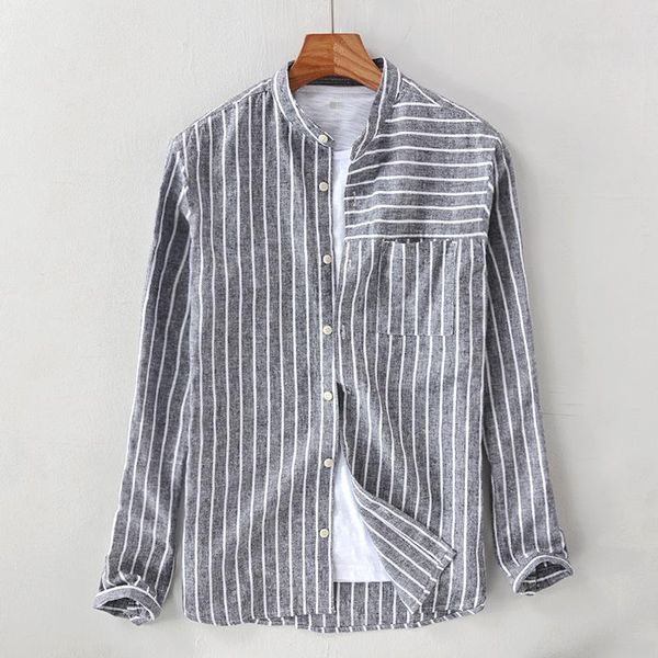 men spring autumn fashion japan style cotton linen minimalism stand collar long sleeve striped male casua shirts, White;black
men spring autumn fashion japan style cotton linen minimalism stand collar long sleeve striped male casua shirts, White;black