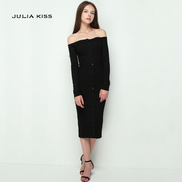 women charming off the shoulder mid calf dress long sleeve vogue stylish buttons maxi bodycon club dresses, Black 
women charming off the shoulder mid calf dress long sleeve vogue stylish buttons maxi bodycon club dresses, Black