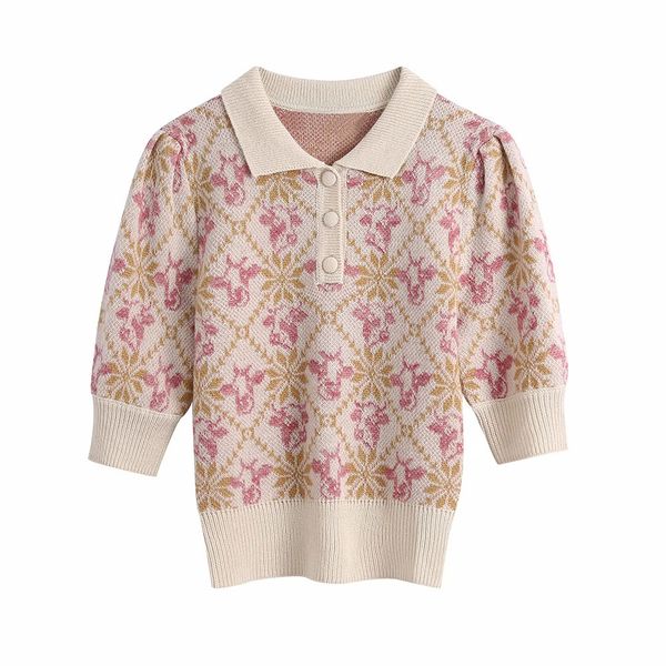 2021 new women animal jacquard sweater button decoration short sleeve elegant chic ladies knit shirt fashion top, White;black 
2021 new women animal jacquard sweater button decoration short sleeve elegant chic ladies knit shirt fashion top, White;black