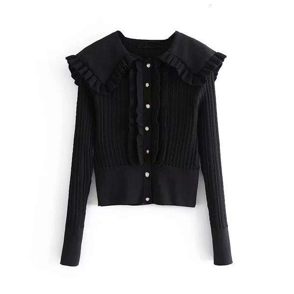 2021 new pointelle black knitted women winter peter pan collar button ruffle long sleeve cropped cardigan sweater 08gy, White;black
2021 new pointelle black knitted women winter peter pan collar button ruffle long sleeve cropped cardigan sweater 08gy, White;black