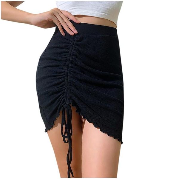 fashion women solid drawstring high waist lrregular mini skirt, Black