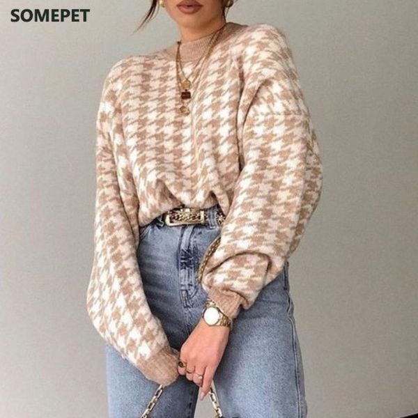 women's houndstooth knitted sweater autumn winter pullover female casual geometric lady pullover sweater women retro jumper, White;black
women's houndstooth knitted sweater autumn winter pullover female casual geometric lady pullover sweater women retro jumper, White;black