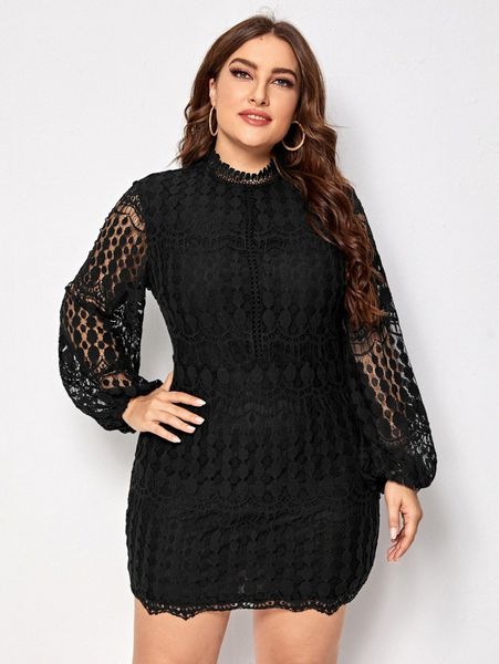 plus mock neck bishop sleeve lace dress 57f7#, Black