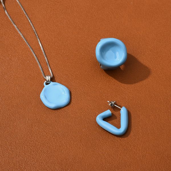 round irregular necklace milk blue enamel drip glaze ring triangle earrings fashion trendy brand jewelry accessories, Silver
round irregular necklace milk blue enamel drip glaze ring triangle earrings fashion trendy brand jewelry accessories, Silver