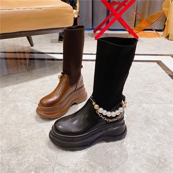boots deat 2021 spring autumn fashion leather thick-soled muffin wedge pearl anklet knitted elastic women sf5341, Black 
boots deat 2021 spring autumn fashion leather thick-soled muffin wedge pearl anklet knitted elastic women sf5341, Black