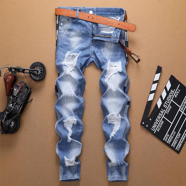 men's jeans sky blue wear white ripped holes slim straight pants side stripes fashion trendy streetwear trousers male
men's jeans sky blue wear white ripped holes slim straight pants side stripes fashion trendy streetwear trousers male