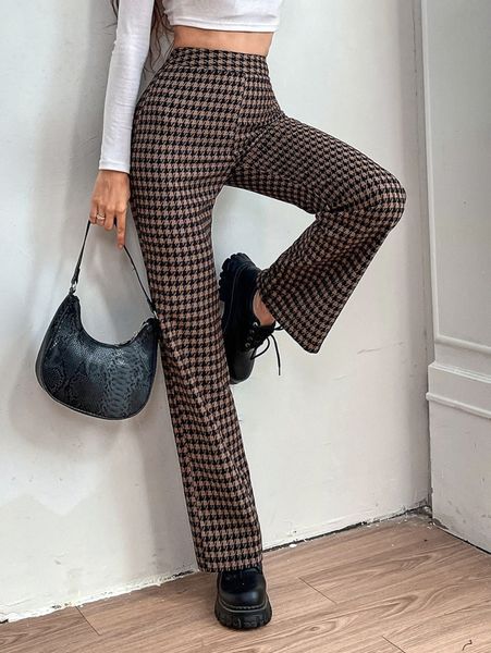 plaid print flare leg pants s6mm#, Black;white