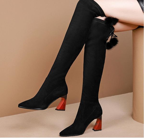2020 winter women's thick heel pointed toe over the knee stretch and fleece high-heeled boots, Black
2020 winter women's thick heel pointed toe over the knee stretch and fleece high-heeled boots, Black