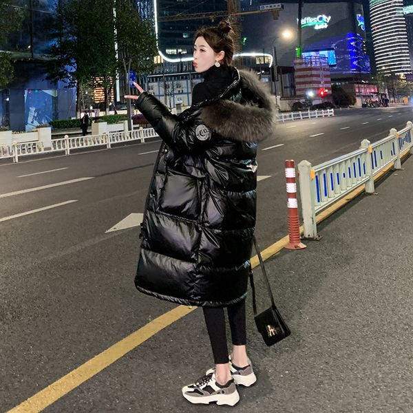 20 winter new women's clothing korean fashion big hair collar hooded mid long knee down cotton padded jacket bright face cotton padded, Black
20 winter new women's clothing korean fashion big hair collar hooded mid long knee down cotton padded jacket bright face cotton padded, Black