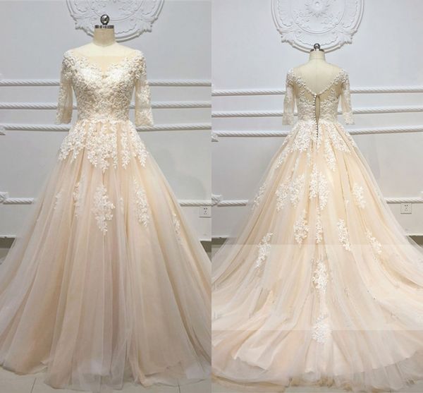 champagne vestidos de novia wedding dresses lace with half sleeves sheer bateau v open back applique beaded bridal dress women plus size, White
champagne vestidos de novia wedding dresses lace with half sleeves sheer bateau v open back applique beaded bridal dress women plus size, White