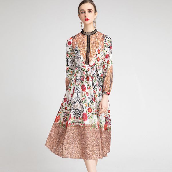 women's runway dress o neck long sleeves floral printed lace patchwork sash belt fashion mid spring autumn dresses, Black
women's runway dress o neck long sleeves floral printed lace patchwork sash belt fashion mid spring autumn dresses, Black
