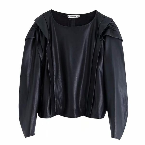 women cascading decoration pu leather shirt female smock nine quarter sleeve blouse casual lady loose blusas s8161, White
women cascading decoration pu leather shirt female smock nine quarter sleeve blouse casual lady loose blusas s8161, White