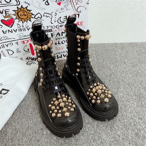 polished calfskin combat boots with studded embroidery, genuine leather women ankle boots, luxury designer women flat shoes, Black
polished calfskin combat boots with studded embroidery, genuine leather women ankle boots, luxury designer women flat shoes, Black