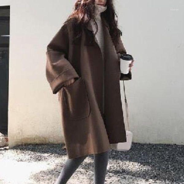 women's wool & blends korean version japanese overcoat loose autumn winter fashion pocket lapel long sleeve woolen cloth oat1, Black
women's wool & blends korean version japanese overcoat loose autumn winter fashion pocket lapel long sleeve woolen cloth oat1, Black