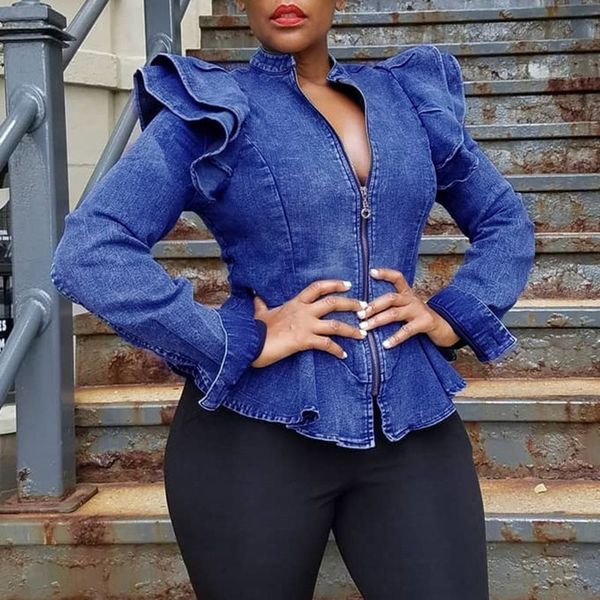 slim denim women jacket autumn ruffles sleeve african casual high waist zipper blouse shirts femme jacket outwear 201026, Black;brown
slim denim women jacket autumn ruffles sleeve african casual high waist zipper blouse shirts femme jacket outwear 201026, Black;brown