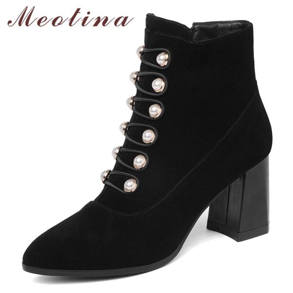 meotina winter ankle boots women kid suede pearl block high heel short boots genuine leather zipper shoes female autumn size 39, Black
meotina winter ankle boots women kid suede pearl block high heel short boots genuine leather zipper shoes female autumn size 39, Black
