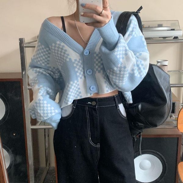women's knits & tees houndstooth color matching plaid short knitted sweater cardigan 2021 style for autumn and winter blue, White
women's knits & tees houndstooth color matching plaid short knitted sweater cardigan 2021 style for autumn and winter blue, White
