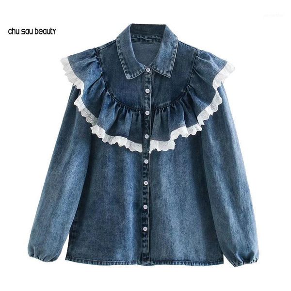 women 2021 fashion patchwork ruffled denim blouses vintage long sleeve button-up female shirts blusas chic c1491, White
women 2021 fashion patchwork ruffled denim blouses vintage long sleeve button-up female shirts blusas chic c1491, White