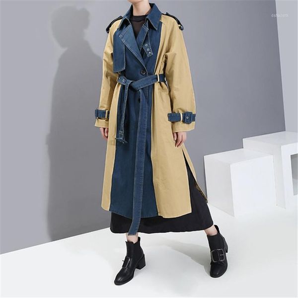 women trench coat long sleeve denim spliced windbreaker coats long overcoat autumn winter lady denim outerwear with belt1, Tan;black
women trench coat long sleeve denim spliced windbreaker coats long overcoat autumn winter lady denim outerwear with belt1, Tan;black
