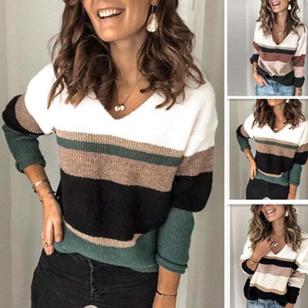 2020 autumn and winter new ins net red fashion hedging stitching v-neck plus size pullover casual warm sweater women, White;black 
2020 autumn and winter new ins net red fashion hedging stitching v-neck plus size pullover casual warm sweater women, White;black