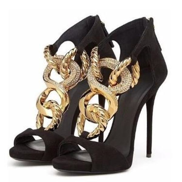 summer women black suede peep toe gold metal chain sandals summer back zipper cover heel thin heel party shoes 12 cm heels 1010
summer women black suede peep toe gold metal chain sandals summer back zipper cover heel thin heel party shoes 12 cm heels 1010
