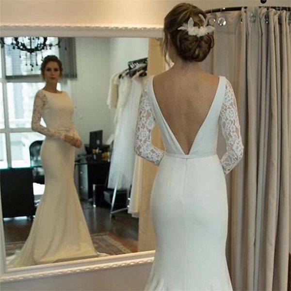 elegant mermaid wedding dresses long lace sleeves satin bridal gowns backless vestidos de novia simple beach dresses, White
elegant mermaid wedding dresses long lace sleeves satin bridal gowns backless vestidos de novia simple beach dresses, White