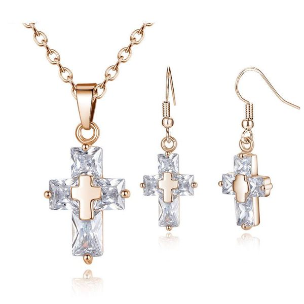 earrings & necklace fashion rose gold jewelry sets for women statement cross dangle earring set, Silver
