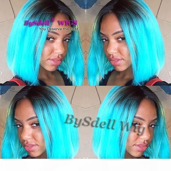 

short black roots ombre ice blue color wig synthetic lace front wig female short haircut wig natural looking women glueless lace front wigs