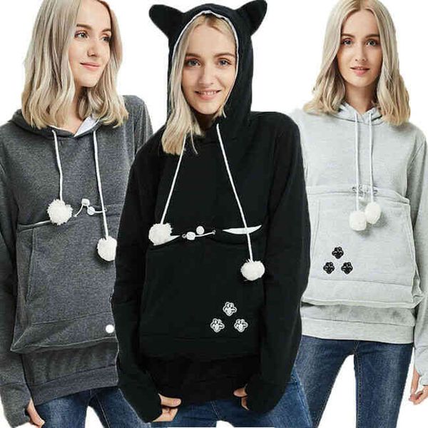 2021 hirigin fashion long sleeve casual hooded cute pet holder carrier pregnancy coat loose sweatshirt big pocket hoodies, Black