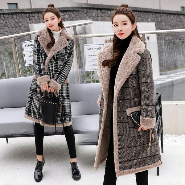 women's fur & faux thick plaid winter women coat 2021 casual jacket lamb wool woman warm blends long coats, Black 
women's fur & faux thick plaid winter women coat 2021 casual jacket lamb wool woman warm blends long coats, Black