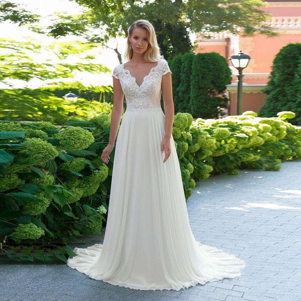 2021 new elegant bohemian wedding v neck cap sleeve lace applique backless chiffon beach bridal es vestido de noiva bva7, White
2021 new elegant bohemian wedding v neck cap sleeve lace applique backless chiffon beach bridal es vestido de noiva bva7, White