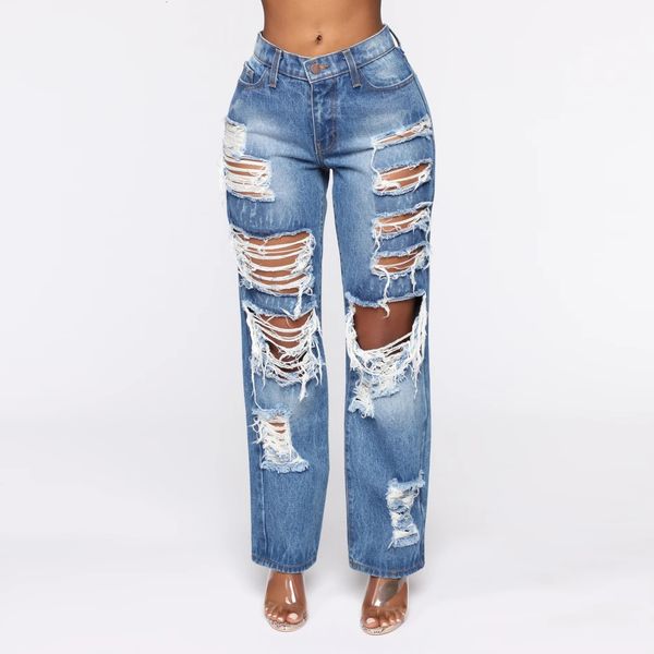 personality fashion hole straight jeans women's trousers, Blue 
personality fashion hole straight jeans women's trousers, Blue