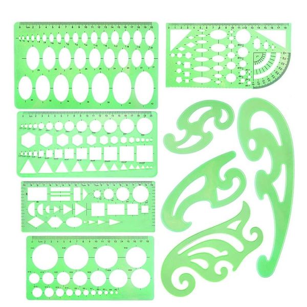 9 Pieces Drawings Templates French Curve Geometric Templates Measuring Rulers Clear Green Plastic Rulers For Designing
