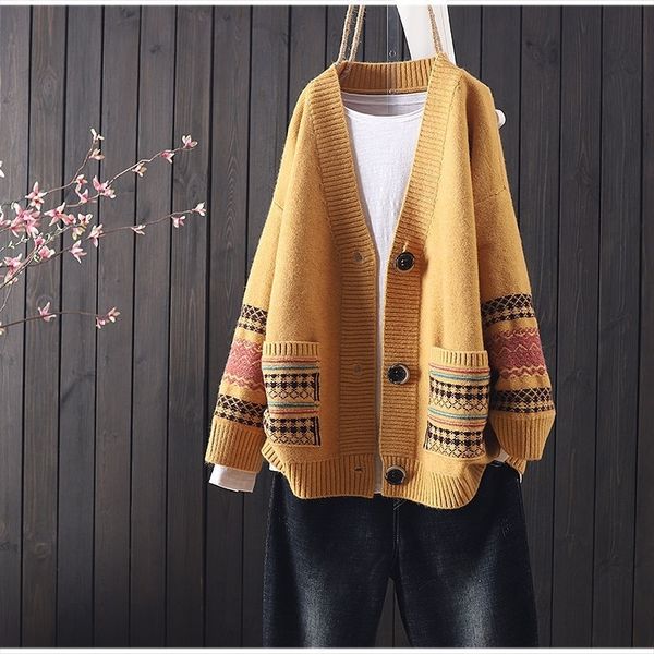 sweater autumn and winter loose wild knitting pattern retro literary v-neck long-sleeved knitted cardigan lj201114, White;black
sweater autumn and winter loose wild knitting pattern retro literary v-neck long-sleeved knitted cardigan lj201114, White;black