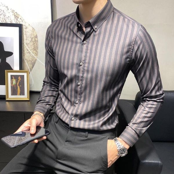 british style korean slim fit long sleeve gentlemen striped shirts tuxedo for men clothing 2021 simple casual business blouses, White;black
british style korean slim fit long sleeve gentlemen striped shirts tuxedo for men clothing 2021 simple casual business blouses, White;black