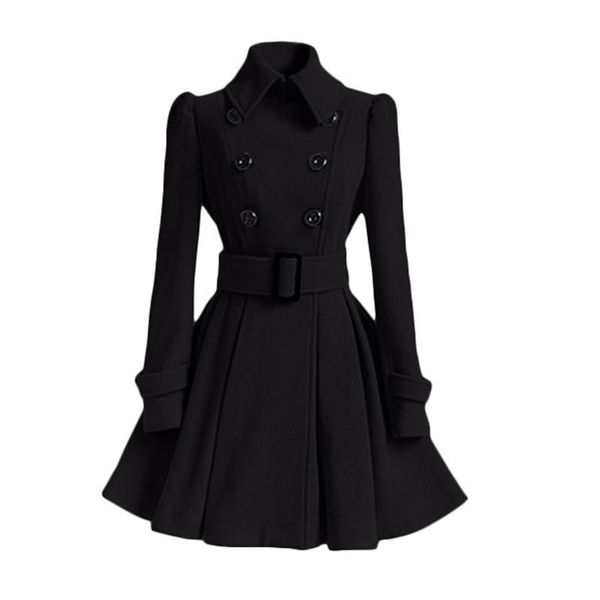 autumn and winter girls slim mid-length woolen coat belt woolen coat, Black