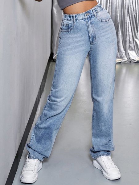 elastic waist straight leg jeans r0ag#, Blue