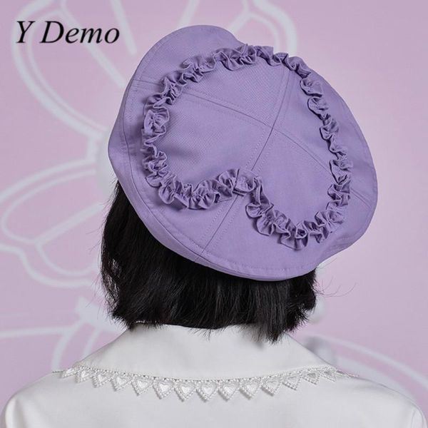 berets y demo sweet lolita ruffles heart beret women solid color buckle straps female hat 2021, Blue;gray 
berets y demo sweet lolita ruffles heart beret women solid color buckle straps female hat 2021, Blue;gray