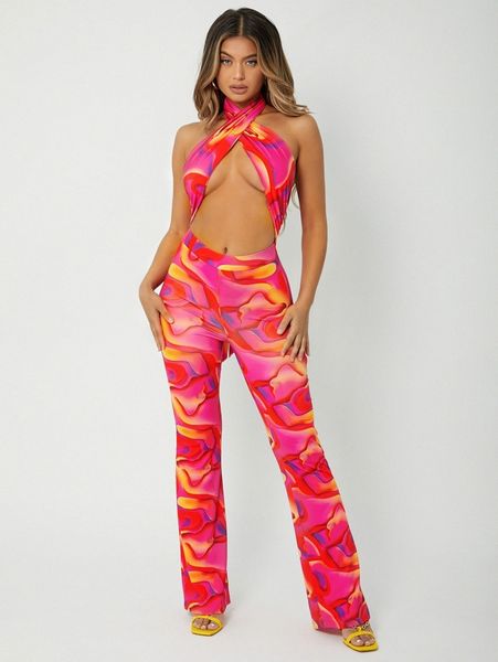 sxy allover print cut out backless knot halter neck jumpsuit h1wb#, White
sxy allover print cut out backless knot halter neck jumpsuit h1wb#, White